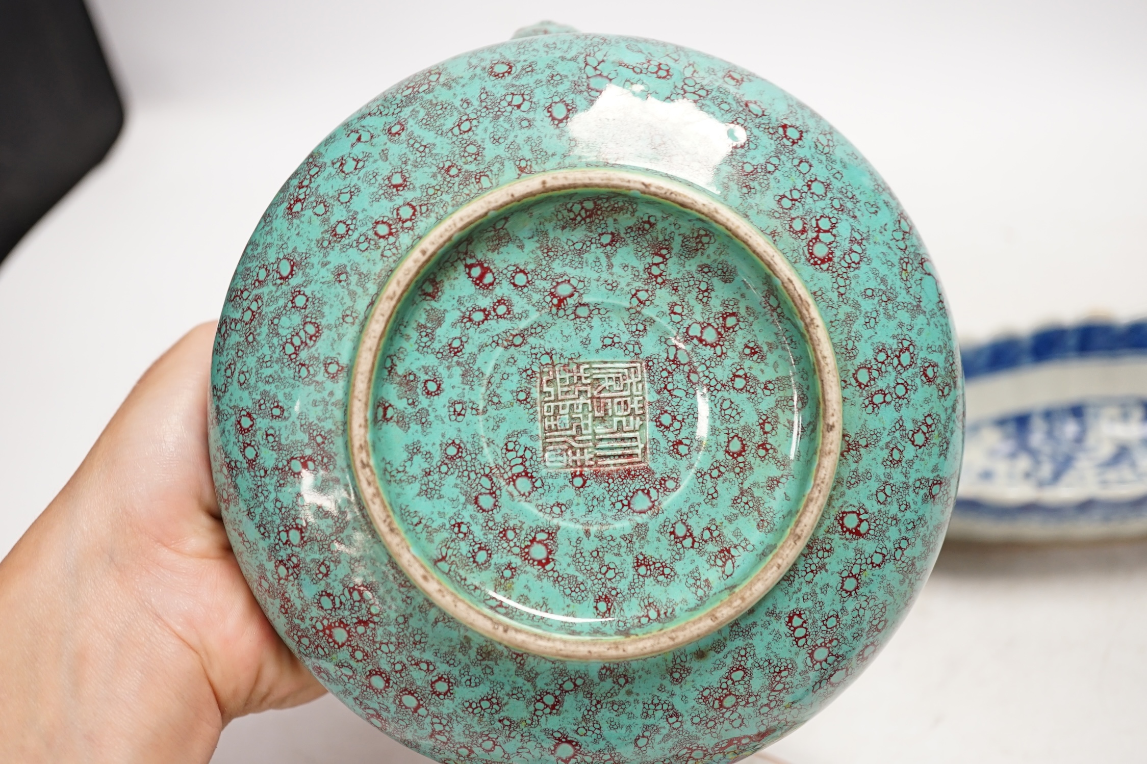 A Chinese robin’s egg glazed censer, a blue and white sauce boat and two famille rose items, largest 17cm diameter. Condition - fair to good